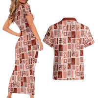 Vintage Aloha Block Quilt Couples Matching Short Sleeve Bodycon Dress and Hawaiian Shirt Red Inspired Lei Motifs - Polynesian Pride