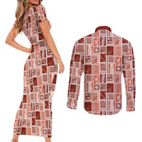 Vintage Aloha Block Quilt Couples Matching Short Sleeve Bodycon Dress and Long Sleeve Button Shirt Red Inspired Lei Motifs - Polynesian Pride