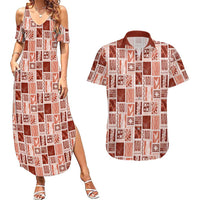 Vintage Aloha Block Quilt Couples Matching Summer Maxi Dress and Hawaiian Shirt Red Inspired Lei Motifs - Polynesian Pride