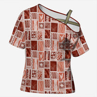 Vintage Aloha Block Quilt Cross Shoulder Shirt Red Inspired Lei Motifs - Polynesian Pride