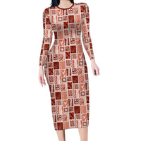 Vintage Aloha Block Quilt Family Matching Long Sleeve Bodycon Dress and Hawaiian Shirt Red Inspired Lei Motifs - Polynesian Pride