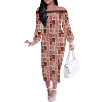 Vintage Aloha Block Quilt Family Matching Off The Shoulder Long Sleeve Dress and Hawaiian Shirt Red Inspired Lei Motifs - Polynesian Pride