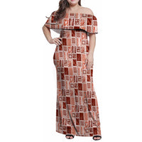 Vintage Aloha Block Quilt Family Matching Off Shoulder Maxi Dress and Hawaiian Shirt Red Inspired Lei Motifs - Polynesian Pride