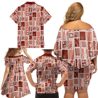 Vintage Aloha Block Quilt Family Matching Off Shoulder Short Dress and Hawaiian Shirt Red Inspired Lei Motifs - Polynesian Pride