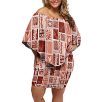 Vintage Aloha Block Quilt Family Matching Off Shoulder Short Dress and Hawaiian Shirt Red Inspired Lei Motifs - Polynesian Pride