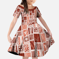 Vintage Aloha Block Quilt Family Matching Puletasi and Hawaiian Shirt Red Inspired Lei Motifs LT9 Daughter's Dress Red - Polynesian Pride