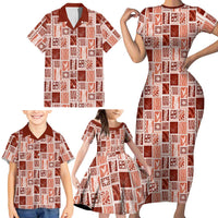 Vintage Aloha Block Quilt Family Matching Short Sleeve Bodycon Dress and Hawaiian Shirt Red Inspired Lei Motifs - Polynesian Pride