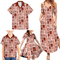 Vintage Aloha Block Quilt Family Matching Summer Maxi Dress and Hawaiian Shirt Red Inspired Lei Motifs - Polynesian Pride