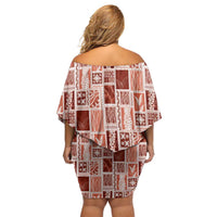 Vintage Aloha Block Quilt Off Shoulder Short Dress Red Inspired Lei Motifs - Polynesian Pride