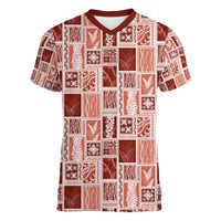 Vintage Aloha Block Quilt Women V-Neck T-Shirt Red Inspired Lei Motifs - Polynesian Pride