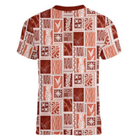 Vintage Aloha Block Quilt Women V-Neck T-Shirt Red Inspired Lei Motifs - Polynesian Pride
