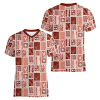 Vintage Aloha Block Quilt Women V-Neck T-Shirt Red Inspired Lei Motifs - Polynesian Pride