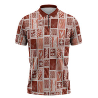 Vintage Aloha Block Quilt Zipper Polo Shirt Red Inspired Lei Motifs - Polynesian Pride