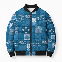 Vintage Hawaiian Quilting Patterns Bomber Puffer Jacket Blue Style Tribal Fabric Patchwork - Polynesian Pride