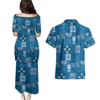Vintage Hawaiian Quilting Patterns Couples Matching Puletasi and Hawaiian Shirt Blue Style Tribal Fabric Patchwork - Polynesian Pride