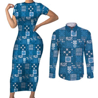 Vintage Hawaiian Quilting Patterns Couples Matching Short Sleeve Bodycon Dress and Long Sleeve Button Shirt Blue Style Tribal Fabric Patchwork LT9 Blue - Polynesian Pride