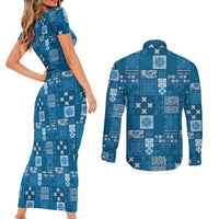 Vintage Hawaiian Quilting Patterns Couples Matching Short Sleeve Bodycon Dress and Long Sleeve Button Shirt Blue Style Tribal Fabric Patchwork LT9 - Polynesian Pride
