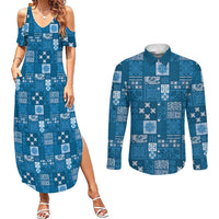 Vintage Hawaiian Quilting Patterns Couples Matching Summer Maxi Dress and Long Sleeve Button Shirt Blue Style Tribal Fabric Patchwork - Polynesian Pride