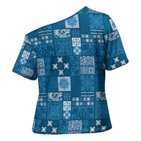 Vintage Hawaiian Quilting Patterns Cross Shoulder Shirt Blue Style Tribal Fabric Patchwork - Polynesian Pride