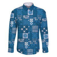 Vintage Hawaiian Quilting Patterns Family Matching Long Sleeve Bodycon Dress and Hawaiian Shirt Blue Style Tribal Fabric Patchwork - Polynesian Pride