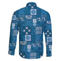 Vintage Hawaiian Quilting Patterns Family Matching Long Sleeve Bodycon Dress and Hawaiian Shirt Blue Style Tribal Fabric Patchwork - Polynesian Pride