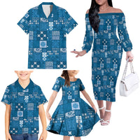 Vintage Hawaiian Quilting Patterns Family Matching Off The Shoulder Long Sleeve Dress and Hawaiian Shirt Blue Style Tribal Fabric Patchwork - Polynesian Pride