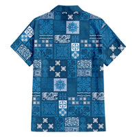 Vintage Hawaiian Quilting Patterns Family Matching Off The Shoulder Long Sleeve Dress and Hawaiian Shirt Blue Style Tribal Fabric Patchwork - Polynesian Pride