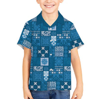 Vintage Hawaiian Quilting Patterns Family Matching Off The Shoulder Long Sleeve Dress and Hawaiian Shirt Blue Style Tribal Fabric Patchwork - Polynesian Pride