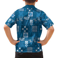 Vintage Hawaiian Quilting Patterns Family Matching Off Shoulder Maxi Dress and Hawaiian Shirt Blue Style Tribal Fabric Patchwork - Polynesian Pride