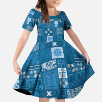 Vintage Hawaiian Quilting Patterns Family Matching Off Shoulder Short Dress and Hawaiian Shirt Blue Style Tribal Fabric Patchwork - Polynesian Pride
