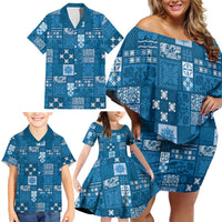Vintage Hawaiian Quilting Patterns Family Matching Off Shoulder Short Dress and Hawaiian Shirt Blue Style Tribal Fabric Patchwork - Polynesian Pride