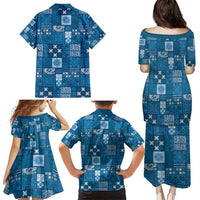 Vintage Hawaiian Quilting Patterns Family Matching Puletasi and Hawaiian Shirt Blue Style Tribal Fabric Patchwork - Polynesian Pride