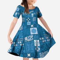 Vintage Hawaiian Quilting Patterns Kid Short Sleeve Dress Blue Style Tribal Fabric Patchwork - Polynesian Pride