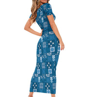 Vintage Hawaiian Quilting Patterns Short Sleeve Bodycon Dress Blue Style Tribal Fabric Patchwork - Polynesian Pride