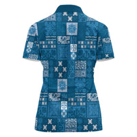 Vintage Hawaiian Quilting Patterns Women Polo Shirt Blue Style Tribal Fabric Patchwork - Polynesian Pride