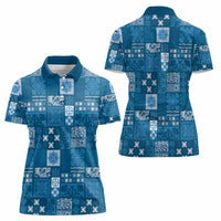 Vintage Hawaiian Quilting Patterns Women Polo Shirt Blue Style Tribal Fabric Patchwork - Polynesian Pride