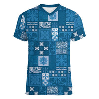 Vintage Hawaiian Quilting Patterns Women V-Neck T-Shirt Blue Style Tribal Fabric Patchwork - Polynesian Pride