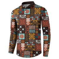 Vintage Hawaiian Quilting Patterns Button Sweatshirt Brown Style Tribal Fabric Patchwork - Polynesian Pride