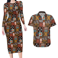 Vintage Hawaiian Quilting Patterns Couples Matching Long Sleeve Bodycon Dress and Hawaiian Shirt Brown Style Tribal Fabric Patchwork LT9 Brown - Polynesian Pride
