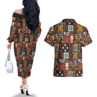 Vintage Hawaiian Quilting Patterns Couples Matching Off The Shoulder Long Sleeve Dress and Hawaiian Shirt Brown Style Tribal Fabric Patchwork - Polynesian Pride
