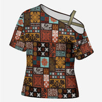 Vintage Hawaiian Quilting Patterns Cross Shoulder Shirt Brown Style Tribal Fabric Patchwork - Polynesian Pride
