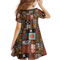 Vintage Hawaiian Quilting Patterns Family Matching Long Sleeve Bodycon Dress and Hawaiian Shirt Brown Style Tribal Fabric Patchwork - Polynesian Pride