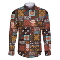 Vintage Hawaiian Quilting Patterns Family Matching Long Sleeve Bodycon Dress and Hawaiian Shirt Brown Style Tribal Fabric Patchwork - Polynesian Pride