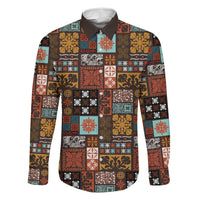 Vintage Hawaiian Quilting Patterns Family Matching Long Sleeve Bodycon Dress and Hawaiian Shirt Brown Style Tribal Fabric Patchwork - Polynesian Pride