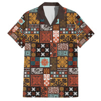 Vintage Hawaiian Quilting Patterns Family Matching Off The Shoulder Long Sleeve Dress and Hawaiian Shirt Brown Style Tribal Fabric Patchwork - Polynesian Pride