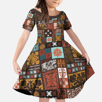 Vintage Hawaiian Quilting Patterns Family Matching Off Shoulder Maxi Dress and Hawaiian Shirt Brown Style Tribal Fabric Patchwork - Polynesian Pride