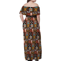 Vintage Hawaiian Quilting Patterns Family Matching Off Shoulder Maxi Dress and Hawaiian Shirt Brown Style Tribal Fabric Patchwork - Polynesian Pride