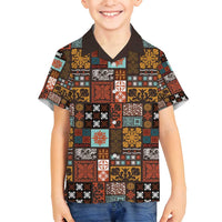 Vintage Hawaiian Quilting Patterns Family Matching Off Shoulder Maxi Dress and Hawaiian Shirt Brown Style Tribal Fabric Patchwork - Polynesian Pride