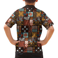 Vintage Hawaiian Quilting Patterns Family Matching Off Shoulder Short Dress and Hawaiian Shirt Brown Style Tribal Fabric Patchwork - Polynesian Pride