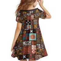 Vintage Hawaiian Quilting Patterns Family Matching Off Shoulder Short Dress and Hawaiian Shirt Brown Style Tribal Fabric Patchwork - Polynesian Pride